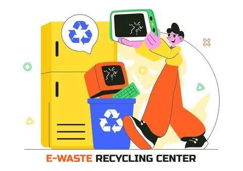 E-Waste Recycling Center Vector Illustration Featuring Electronic Waste Man.. Illustrazione stock