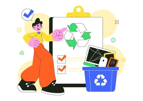 E-Waste Recycling Center Vector Illustration Featuring Electronic Waste Man.. Stock Illustration