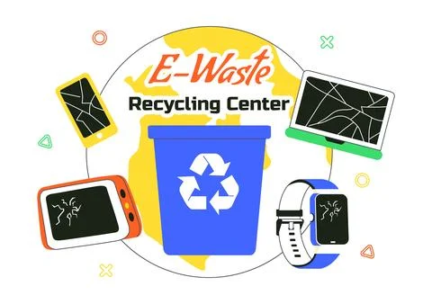 E-Waste Recycling Center Vector Illustration Featuring Electronic Waste Man.. Illustrazione stock