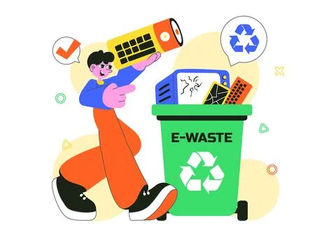 E-Waste Recycling Center Vector Illustration Featuring Electronic Waste Man.. Stock Illustration