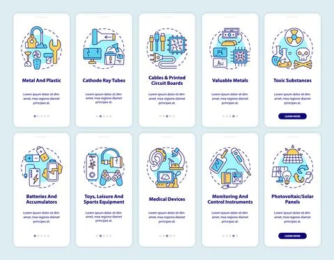 E-waste reprocess onboarding mobile app page screen with concepts set Illustrazione stock