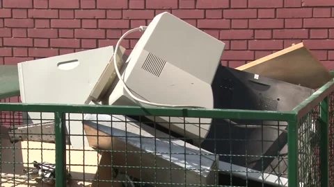 E-waste, Used electronics, Electronic scrap components. Video stock 234138831