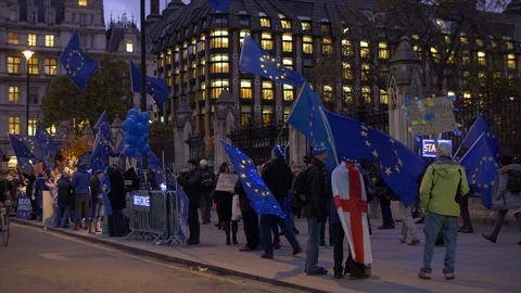 E Waving EU flags outside Westminster in the evening slow motion 4K Stock Footage 122224719