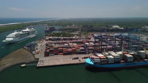 E01 Cruise and Cargo Ship Dock Industrial Pier in Puerto Quetzal Guatemala w Stock-Footage 336357876
