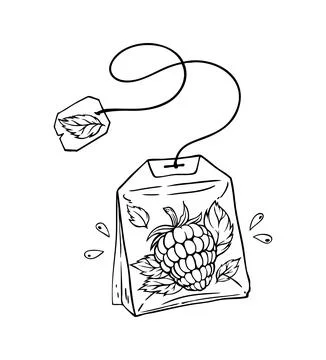 Ea bag with raspberry and leaf tag  White background Stock Illustration