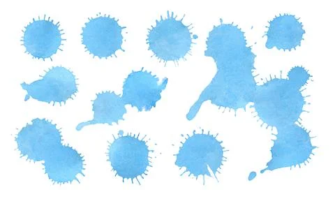 Each blot features unique irregular edges, small splatter drops, and natural  Stockillustratie