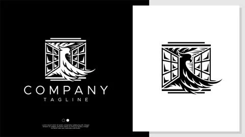 Eagle and window logo design template. Artistic eagle flying logo vector. Stock Illustration