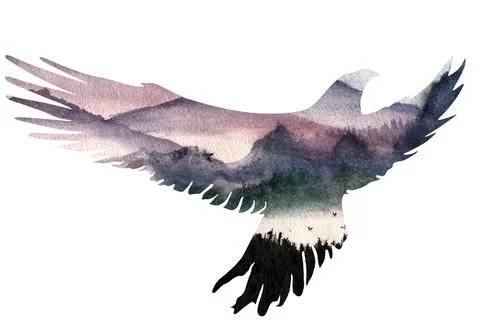 Eagle bird silhouette on forest background. Insulated profile. Watercolor ill Stock Illustration