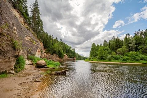 Eagle Cliffs in the valley of the Gauja river Stock Photos