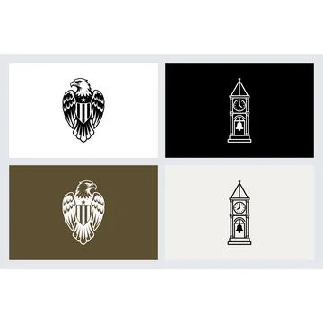 Eagle emblem and clock tower icons in flat style Stock Illustration