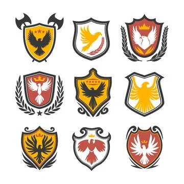 Eagle emblem set, Eagle crest logo set. Royal hawk shield badge brand desig.. Stock Illustration