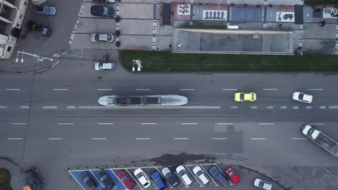 Eagle Eye Aerial View Over Traffic With Public Transportation Tram in Iasi 스톡 동영상 222362082