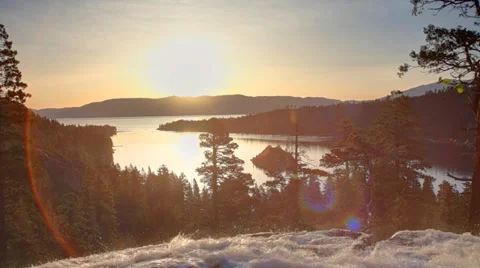 Eagle Falls flowing into Emerald Bay, Lake Tahoe Stock Footage 38915684