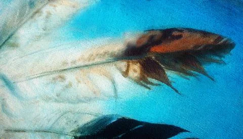 Eagle feathers on abstract blue background, detail oil painting Stock Illustration