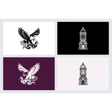 Eagle fighting snake and clock tower building icons Stock Illustration