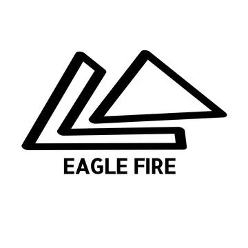 Eagle fire text in black with chevron and triangle outline logo on white Stock Photos