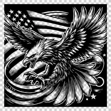 Eagle Flag In Flight flying stars engraving black white bird Stock Illustration