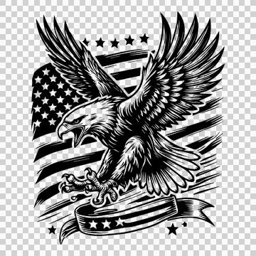 Eagle Flag Flying Over American Banner Star Engraving Black Stock Illustration