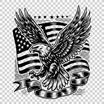 Eagle Flag Flying Over With Ribbon stars engraving black Stock Illustration