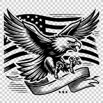 Eagle Flag Soaring American Banner talons wings line drawing Stock Illustration
