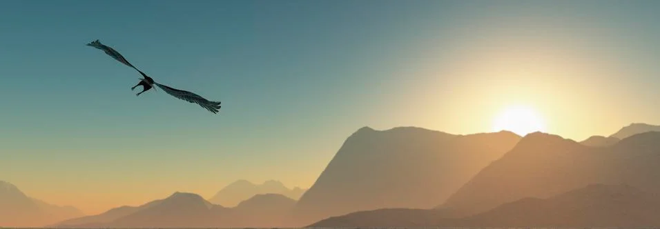 Eagle flying in the clouds at dawn Stock Illustration