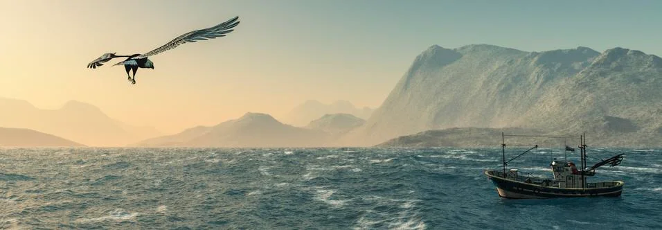 Eagle flying in the clouds at dawn Stock Illustration