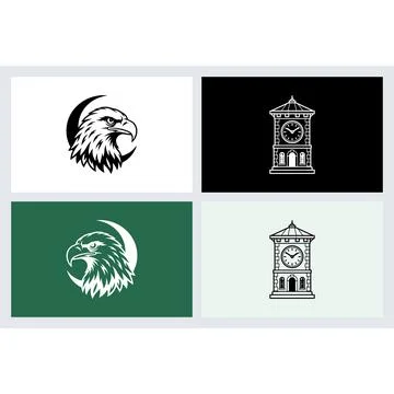 Eagle head and clock tower icons in flat graphic style Stock Illustration