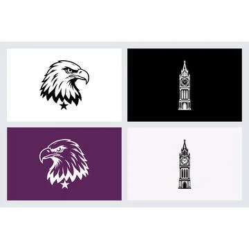 Eagle head and clock tower icons set Stock Illustration