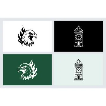Eagle head and clock tower icons in black and white Stock Illustration