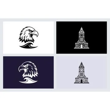 Eagle head and clock tower graphic logo set Stock Illustration