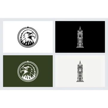 Eagle head emblem and clock tower outline icons Stock Illustration