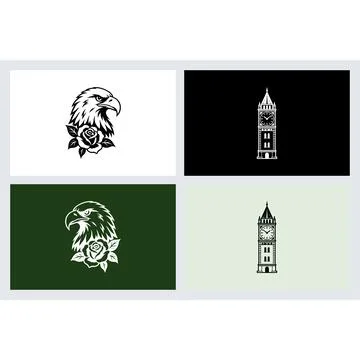 Eagle head with rose and clock tower graphic elements Stock Illustration