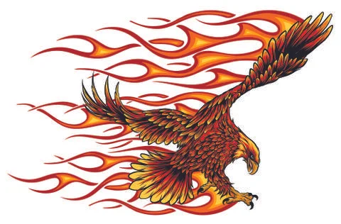 Eagle holding motorcycle engine with flames vector Illustrazione stock