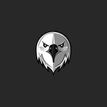 Eagle logo predator bird face aggressive, hawk head front view emblem black a Illustrazione stock