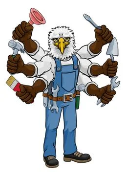 Eagle Multitasking Handyman Holding Tools Stock Illustration