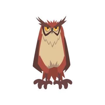 Eagle Owl Bird, Great Horned Owl Character with Brown Plumage Vector Stock Illustration