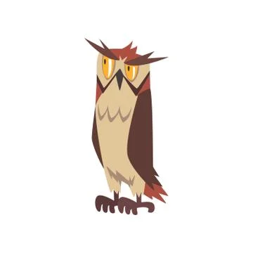 Eagle Owl Bird, Wise Great Horned Owl Character with Brown Plumage Vector 스톡 일러스트