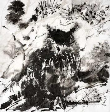 Eagle owl in the branches of trees. Sumi-e painting. Stock-Illustration