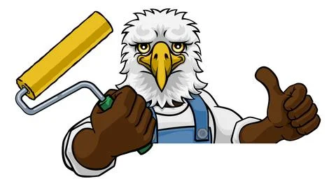 Eagle Painter Decorator Paint Roller Mascot Man Stock Illustration