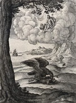 An eagle, perched on the back of a hare, pecks at its neck while Jupiter si.. Stock Illustration