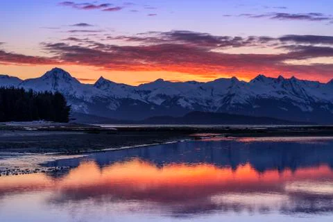 Eagle River, Eagle Beach and Chilkat Mountains at sunset, Eagle Beach State Recr Stock Photos