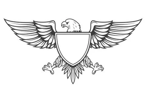Eagle with shield isolated on white background. Design element for emblem, ba Stock Illustration