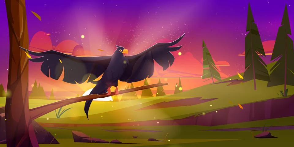 Eagle sitting on tree branch at sunset landscape Stock Illustration