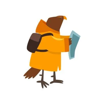 Eagle travelling with backpack and map, cute cartoon bird having hiking Illustrazione stock