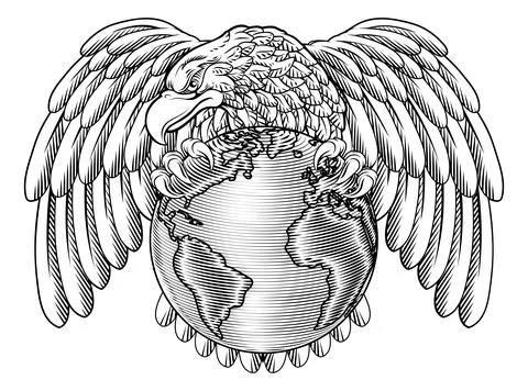 Eagle World Globe Map Earth Global Planet Woodcut イラスト素材