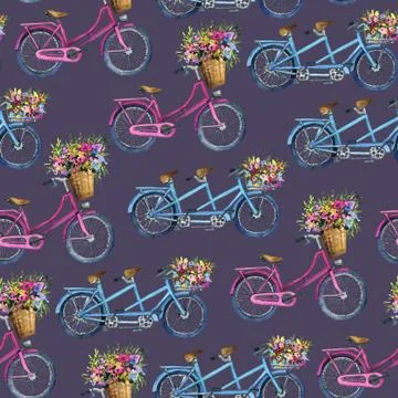 Eamless pattern with bicycles and flowers Stock Illustration