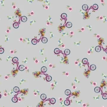 Eamless pattern with bicycles and flowers Stock Illustration