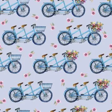 Eamless pattern with bicycles and flowers Stock Illustration
