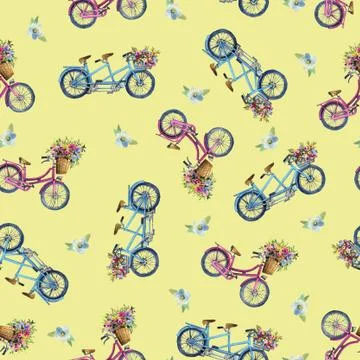 Eamless pattern with bicycles and flowers Stock Illustration