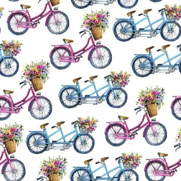 Eamless pattern with bicycles and flowers 스톡 일러스트
